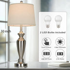 30" Tall Silver Table Lamps Set of 2 for Living Room, 3-Way Dimmable Touch Control Bedside Lamps for Bedroom Nightstand with USB A+C Ports & AC Outlet (2 LED Bulbs Included)