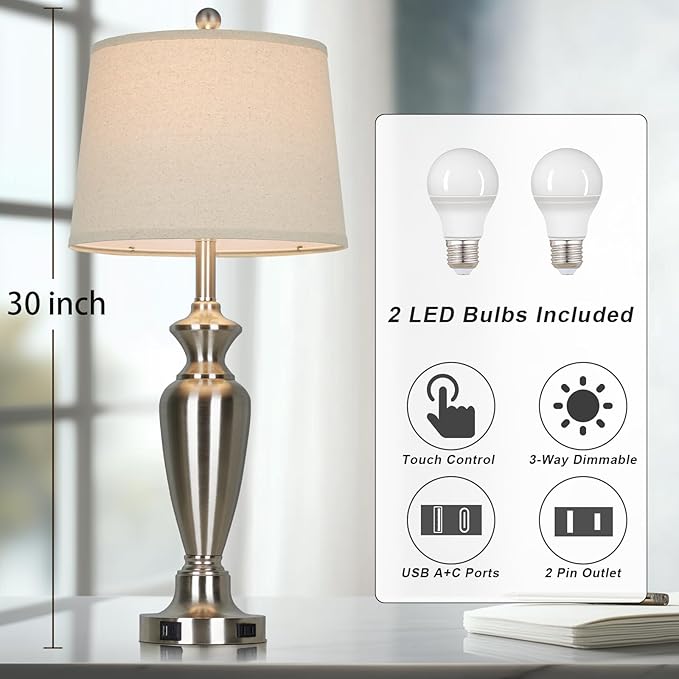 30" Tall Silver Table Lamps Set of 2 for Living Room, 3-Way Dimmable Touch Control Bedside Lamps for Bedroom Nightstand with USB A+C Ports & AC Outlet (2 LED Bulbs Included)