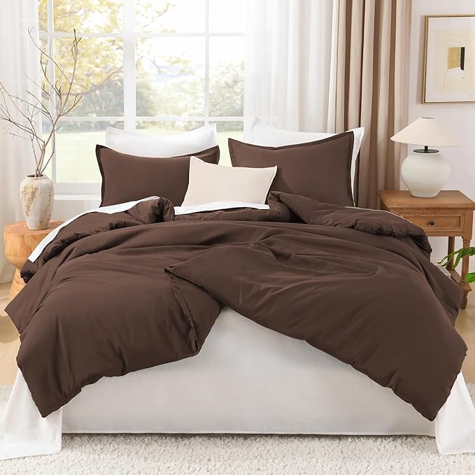Litanika Brown Comforter Set Full Size, 3 Pieces Lightweight Solid Bedding Comforter Set, All Season Fluffy Bed Set (79x90In Comforter & 2 Pillowcases)