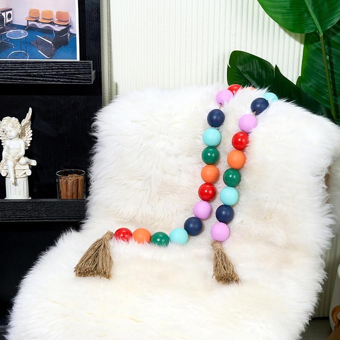 OMISHE 50" Long Extra Large Wood Bead Garland with 1.6" Diameter Wooden Beads and Tassels, Rustic Farmhouse Country Decorative Beads for Home Tiered Tray Decor, Colorful