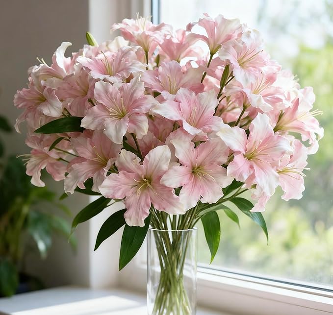 10-Bud Artificial Lily Flowers, 4 Pcs Fake Outdoor Flowers, UV Resistant Faux Flowers for Outdoor Planters, Silk Flowers for Wedding Decoration (Pink)