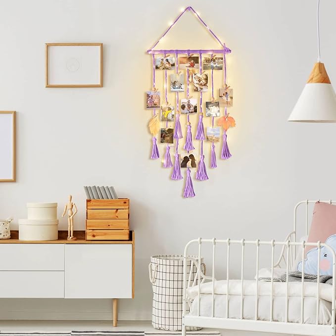 Homecor Hanging Photo Display Wall Decor, Purple Macrame Hanging Boho Room Bedroom Decor, Picture Frame Collage with Light 30 Clips, Christmas Teenage Teen Girl Gifts Ages 10 11 12 13 14 Years Old