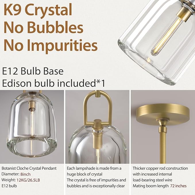 Crystal Brass Pendant Light Fixtures, Modern 8inch Pendant Lights Kitchen Island, Island Lights for Kitchen,Crystal and Gold Pendant Light, Indoor Pendant Lighting,E12 Bulb Included