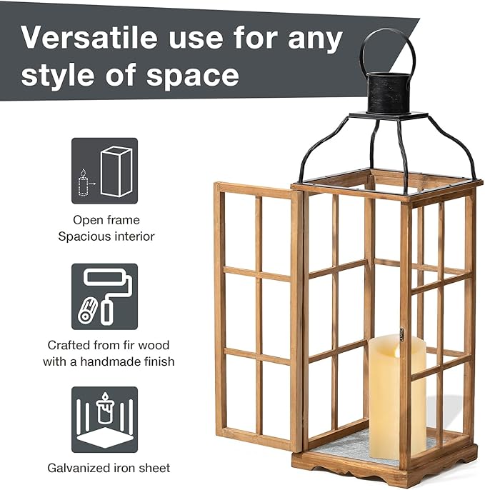 Glitzhome Set of 2 Oversized Farmhouse Wood Lanterns with Metal Top Decorative Hanging Candle Lanterns for Home Décor, Natural (No Glass)