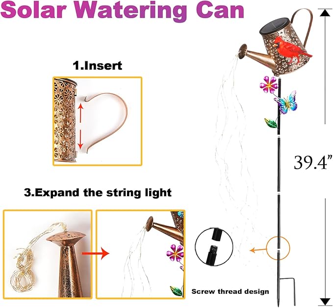 Solar Lights Outdoor Decorative, 39.4'' Metal Solar Watering Can Lights with Red Cardinal, Waterproof Garden Stake for Yard Lawn Patio Pathway Landscape, Gardening Gifts for Mom Grandma Women