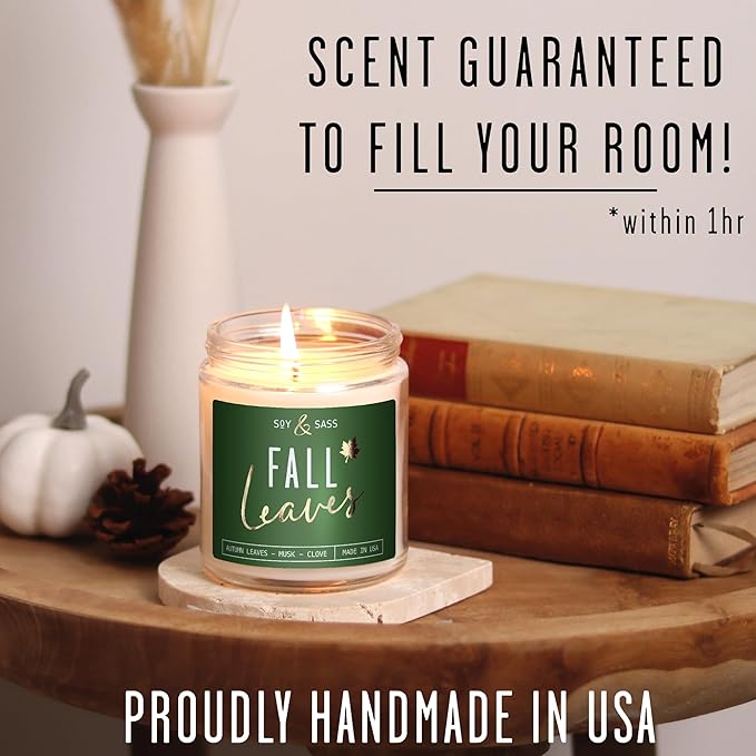 Fall Candles - 'Fall Leaves' Fall Candle w/Autumn Leaves, Clove & Musk I Infused with Essential Oils I Autumn Scented Candles I Cozy Cute Autmn Décor Gifts I 9oz Jar I 50Hr Burn I Made in USA