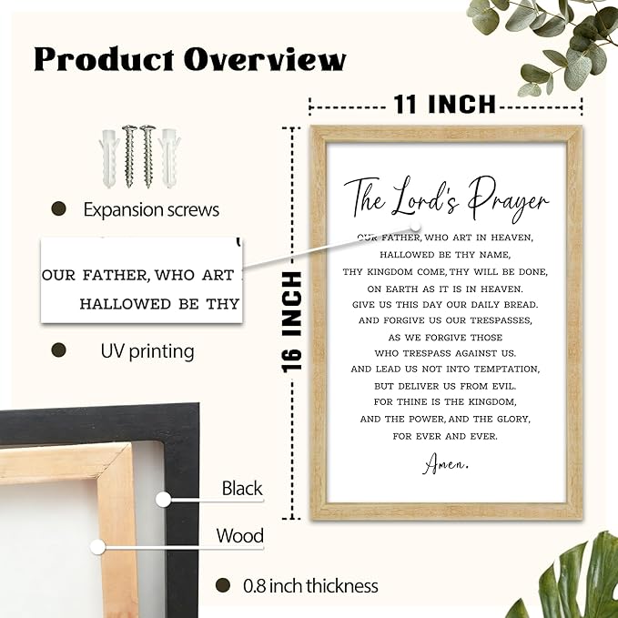 FZMHASLWW The Lords Prayer Wall Decor Art 16"×11" Our Father Prayer Bible Verse Sign Large Wood Framed Wall Hanging (Wood)
