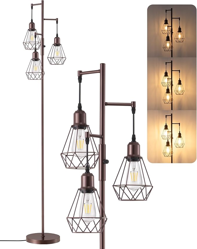 EDISHINE 70IN Industrial Floor Lamps for Living Room, Dimmable Farmhouse Corner Reading Lamp, Diamond-Shaped Lampshade, 3 LED Edison Bulbs Included, Rustic Tree Standing Lamp for Bedroom, Brown