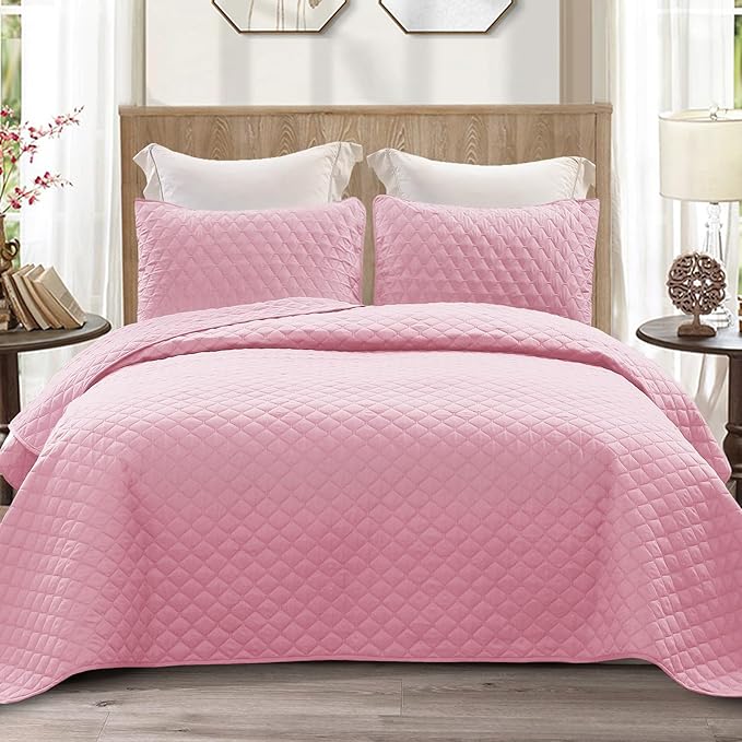 Exclusivo Mezcla Reversible Twin Quilt Bedding Set with Pillow Sham, Lightweight Quilts Twin Size, Soft Bedspreads Bed Coverlets for All Seasons - (Bright Pink, 68"x88")