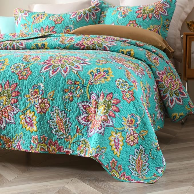 Cotton Bedspread Bedding Coverlet Quilt Sets, Reversible Vintage Branch Floral Bedspread comforters, (Vintage Turquoise Paisley Floral Pattern, King Size)