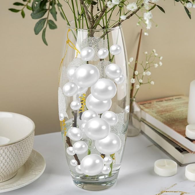 100PCS White Faux Pearls Beads for Centerpiece Vases, Vase Filler Faux Pearls, No Holes Filler Beads for Party Anniversary Birthday Wedding Table Decor, 14/20/30mm