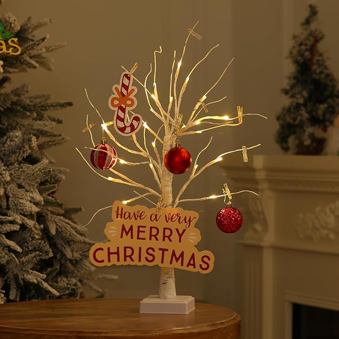 Money Tree Gift Card Holder 24 LED Birch Tree Lamp Battery/USB Powered Light Up White Trees Gift Card Holder with 22 Clear Clips for Photo Birthday Fall Thanksgiving Halloween Christmas