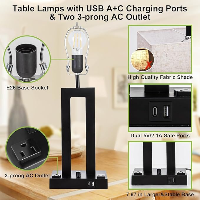 Modern Table Lamps Set of 2-22" Tall Bedside Lamps with USB-C/USB-A Charge Ports & Outlet, Stepless Dimmable Fabric Cream Shade Nightstand Lamps for Bedroom & Living Room