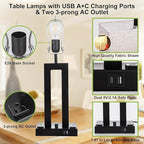 Modern Table Lamps Set of 2-22" Tall Bedside Lamps with USB-C/USB-A Charge Ports & Outlet, Stepless Dimmable Fabric Cream Shade Nightstand Lamps for Bedroom & Living Room