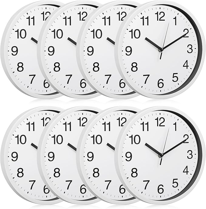 Inbagi 8 Pcs Wall Clock Large Silent Battery Operated Wall Clocks Modern Non Ticking Wall Clocks Bulk Decorative for Kitchen Office Living Room Home Bathroom Bedroom Classroom(White,10 Inch)