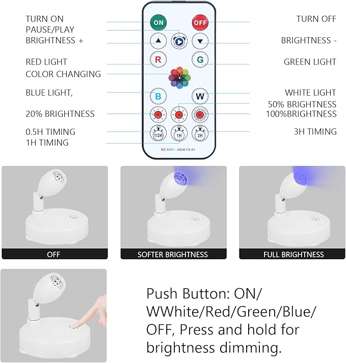 Cordless Spotlight Battery Operated, RGB Indoor Plant Light, Dimmable Accent Uplight with Remote, Color Changing Display Lighting for Picture Tree Photo Dartboard Painting Art
