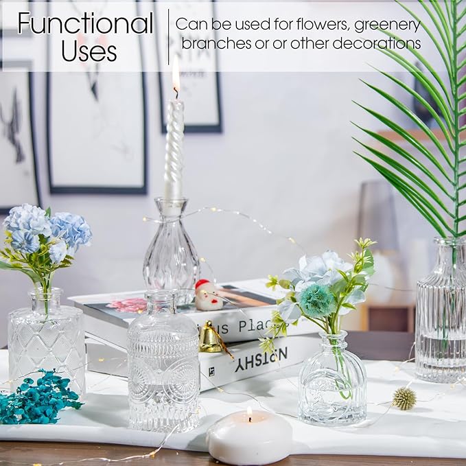 Glass Bud Vases Set of 12, Small Vases for Centerpieces, Vintage Mini Vases for Wedding Decor, Clear Glass Bud Vase in Bulk, Office and Home Table Flower Décor
