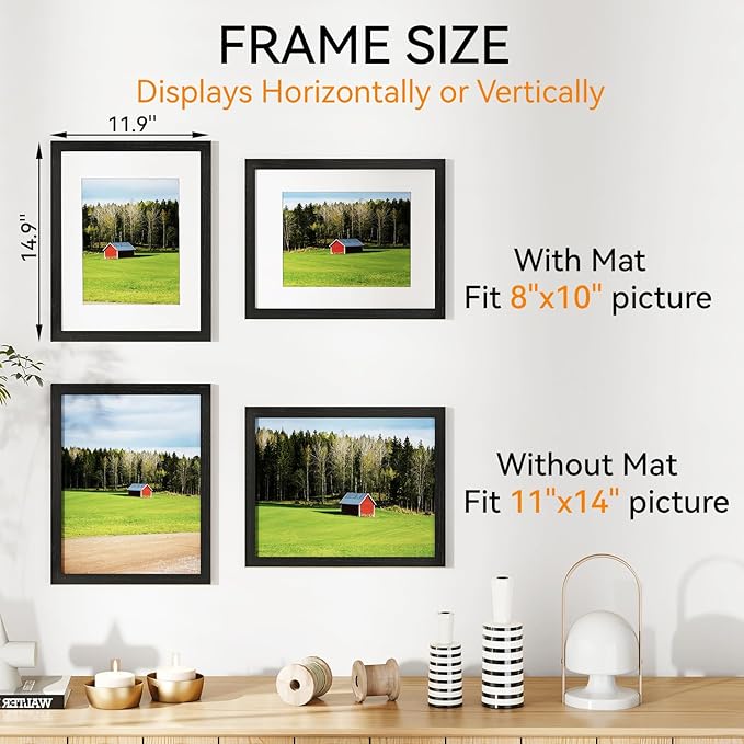 IBUYKE 11 x14 Picture Frame,Solid Oak Wood 11x14 Photo Frame with Mat to 8x10,11x14 Picture Frames With Tempered Glass,Wall Mount Display,Home Decor,Black Oak 14 x 11 Frame,UWPF1114B