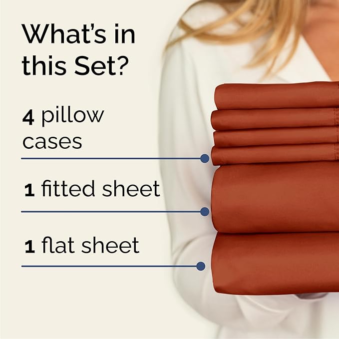 Cal King Sheets Set 6 Piece - Includes 4 Pillowcases - Bed Sheets Cal King - Soft Hotel Luxury Bedding - Cooling, Comfy & Breathable - 1 Flat & 1 Fitted & 4 Pillowcases w/ Deep Pockets - Terracotta