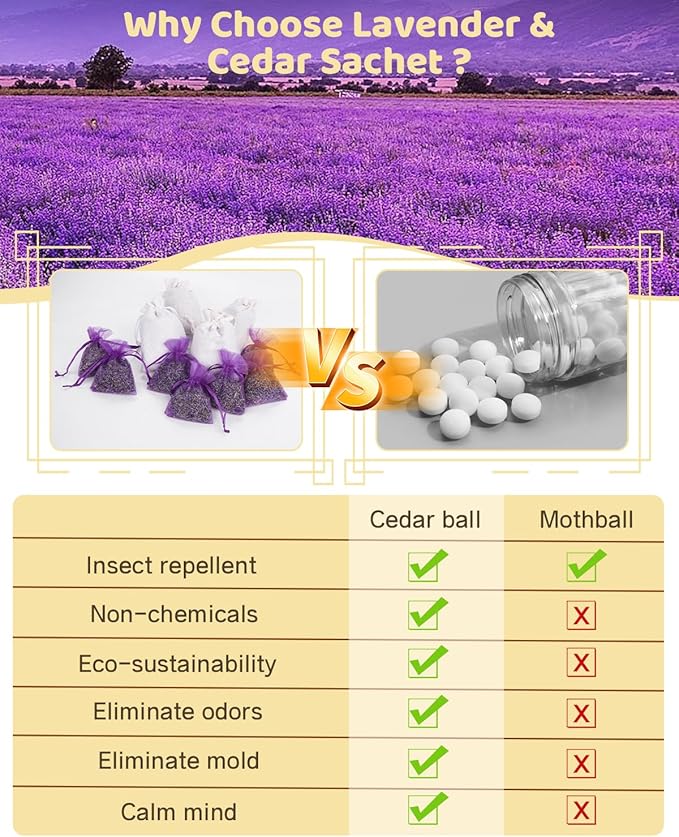 26 Pack Cedar Chips and Natural Dried Lavender Sachets Bags - Stop Clothes Damage, Cedar and Lavendar Home Fragrance for Drawers and Closets