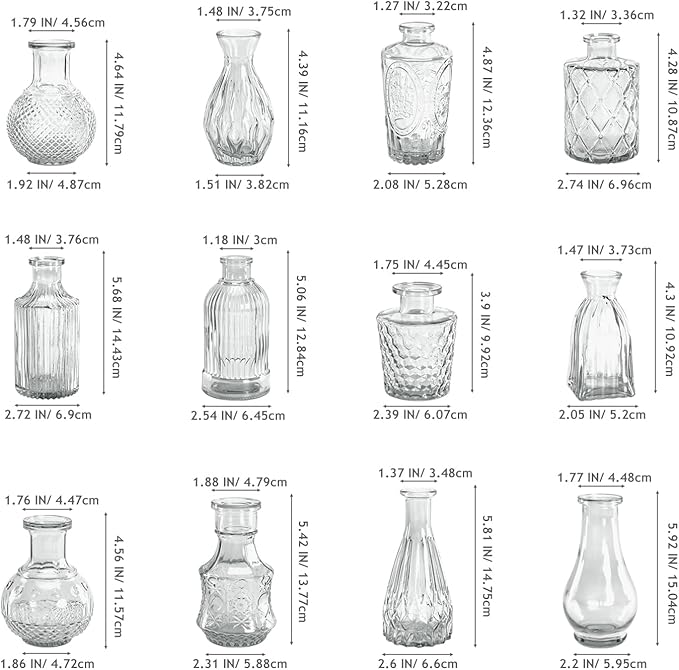 Glass Bud Vases Set of 12, Clear Small Vases for Flowers, Bulk Glass Vase for Centerpieces, Vintage Embossed Flower Vase for Wedding Table Decoration, Home, Cocktail Party