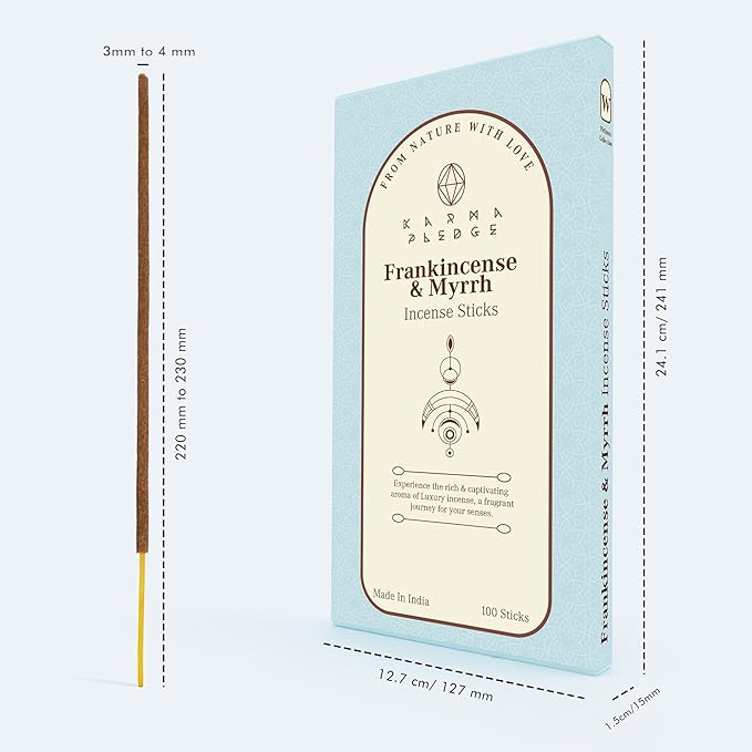 Frankincense and Myrrh Incense Sticks, Organic Hand Dipped 100 Sticks with Natural Herbs & Aromatic Ingredients, Burn Time 45 to 60 Minutes, Incense for Positivity, Yoga, Meditation, Spiritual Gift