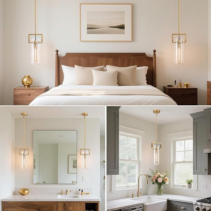 Modern Brass Island Pendant Light, 12'' Glass Pendant Lights, Gold Kitchen Island Pendant Light Fixture, Farmhouses Pendant Light, for Kitchen, Dining,Bathroom,Bedroom,Bulb Included