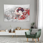 Japanese Geisha Tapestry Asian Red Cherry Blossom Traditional Kimono Folk Tapestries Home Decor for Living Room Bedroom Apartment Farmhouse Dorm 90"x60"