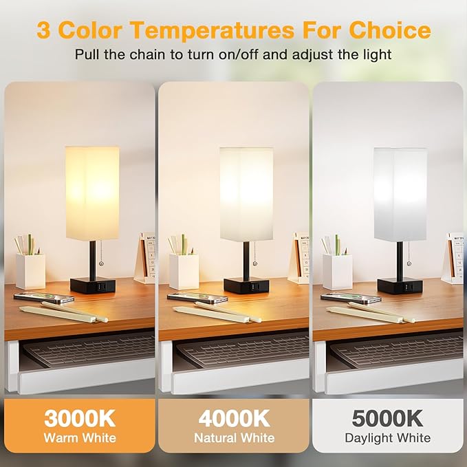 White Small Table Lamp for Bedroom - 3 Color Temperature 3000K 5000K 4000K Bedside Lamp, Pull Chain Control, USB A and C Charging Ports, Black Base, for Kids Office Dorm Nightstand, Bulb Included