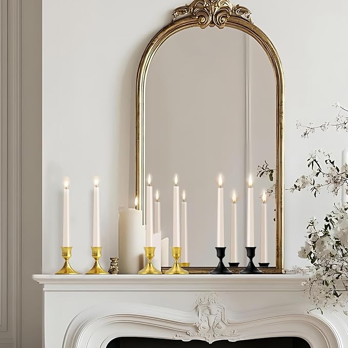 Vintage Brass Gold Taper Candle Holders, Set of 12, Metal Taper Candlestick Holder for Dinner Room Table Centerpiece, Wedding Reception, Festive,Mantel Decoration, Home Decor (Brass Gold, Set of 12)