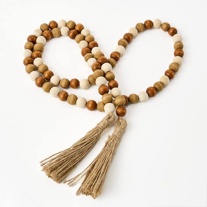 OMISHE 59in Wood Bead Garland with Tassels, Wooden Beads Garland, Decorative Beads Garland Decor, Farmhouse Beads Garland for Wall Hanging Home Festival Decor, Brown and Beige
