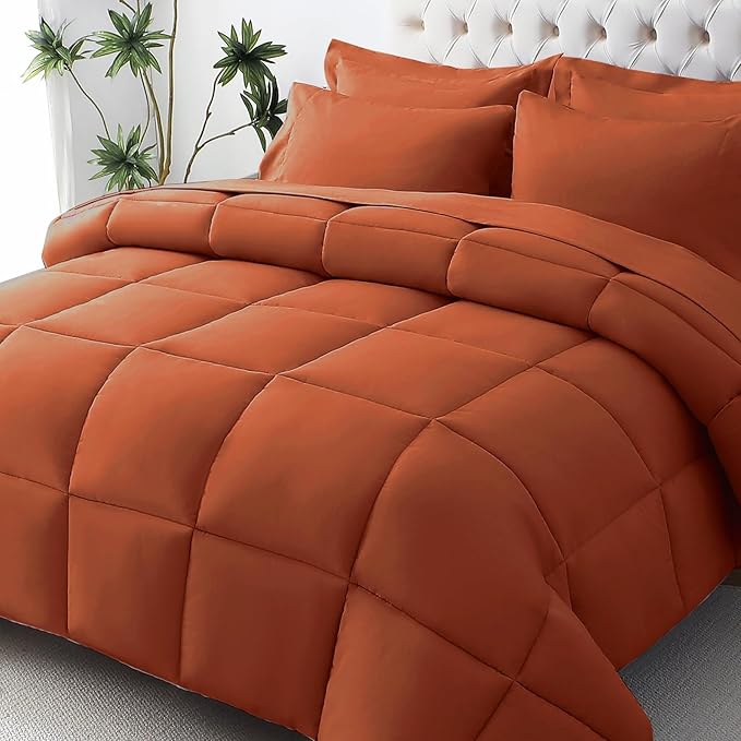 JOLLYVOGUE King Comforter Set, Ultra-Soft Bed in a Bag King Size 7 Pieces, Oeko-TEX Certified Bedding Set with Down Alternative Comforter, Sheets, Pillowcases & Shams, Burnt Orange