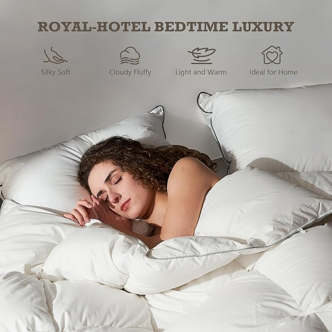 BPC Feather Down Comforter Queen Size for All Season, 750 Fill-Power Cloud Fluffy Duvet Insert with Ultra-Soft Egyptian Cotton Blend Cover, Medium Warmth Hotel Comforter, White, 90x90 Inches