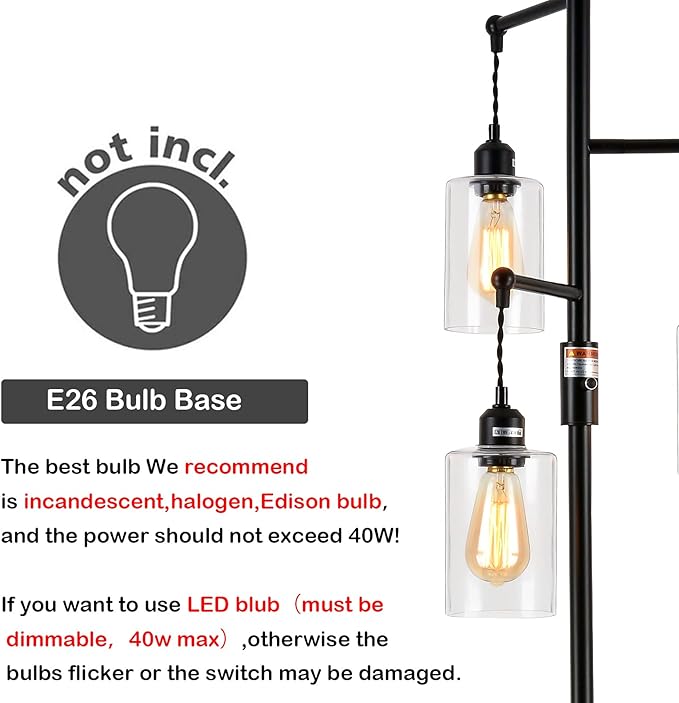 Airposta Industrial Floor Lamp with On/Off Dimmable Switch, 3-Head Rustic Tree Standing Lamp, Edison Bulb 40W Retro Tall Glass Floor Light for Living Room, Reading, Office, Bedroom, Black