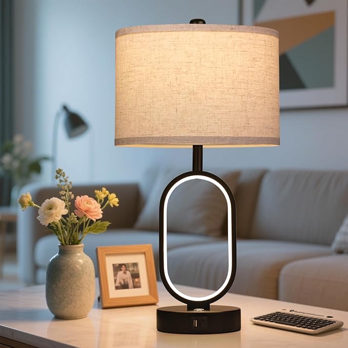 23" Bedside Lamps Set of 2, Farmhouse 3-Way Dimmable Touch Lamps for Nightstand, Built-in Night Light Bedside Table Lamp with USB A+C Ports, Black Table Lamp, LED Bulbs Included