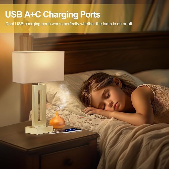 Bedroom Table Lamps Set of 2 - Touch Bedside Lamps with USB C+A, 3 Way Dimmable Gold Lamp for Nightstand, Modern Night Stands Lamps for Living Room End Tables Desk Bed Side Study Room(16.4n)