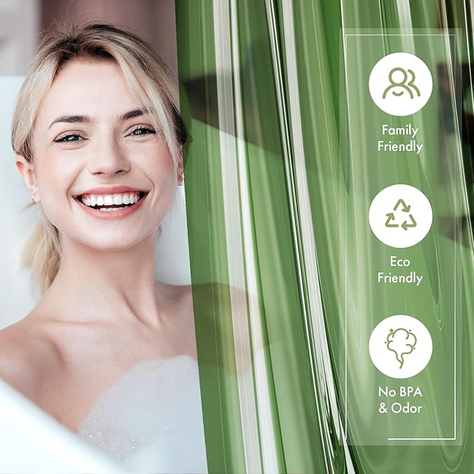 AmazerBath Shower Curtain Liner, 72x72 Transparent Pine Green Shower Liner, Lightweight Plastic Shower Curtain Liners, Waterproof Shower Liner for Bathroom with 3 Magnets and 12 Grommet Holes