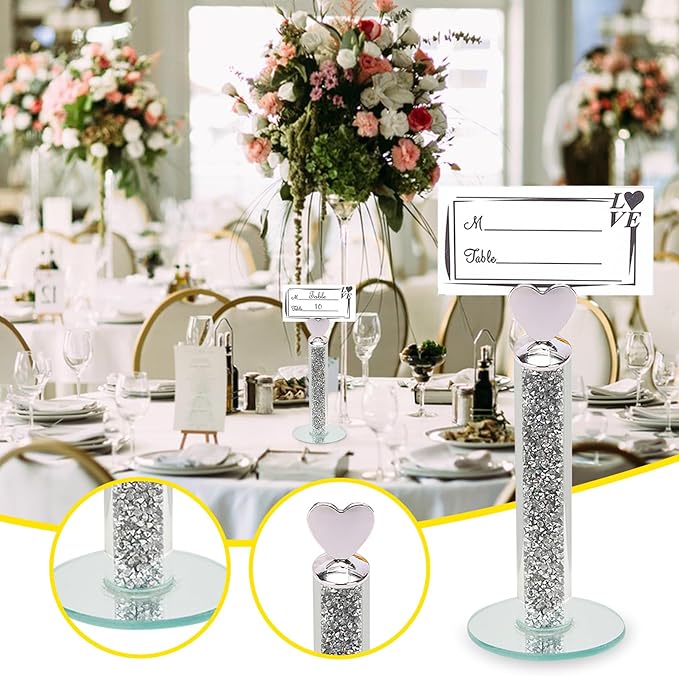 TACIDON 10Pcs Heart Table Number Holders with 10Pcs Table Numbers, Glamorous Crystal Crushed Diamond Place Card Holder, Table Card Holders for Home Wedding Dinner Party Events Decoration (Silver)