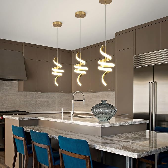 Spiral LED Pendant Light Fixtures, 15IN Modern Pendant Lights Adjustable Height 4000K Gold Kitchen Island Light Chandeliers for Dining Room Hanging Lights, 1 Pack