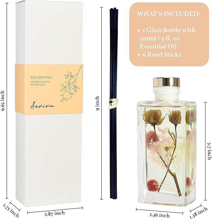 Reed Diffuser Set, 5 fl oz Rose Grapefruit Scented Oil Diffuser, Home Fragrance with Cotton Reed Sticks for Bedroom, Office, Bathroom Shelf Decor & Gifts