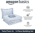 Amazon Basics Twin/Twin XL Comforter Set with Printed Sheets, 5-Piece Gray Leaf Bedding, Lightweight Microfiber Bed-in-a-Bag