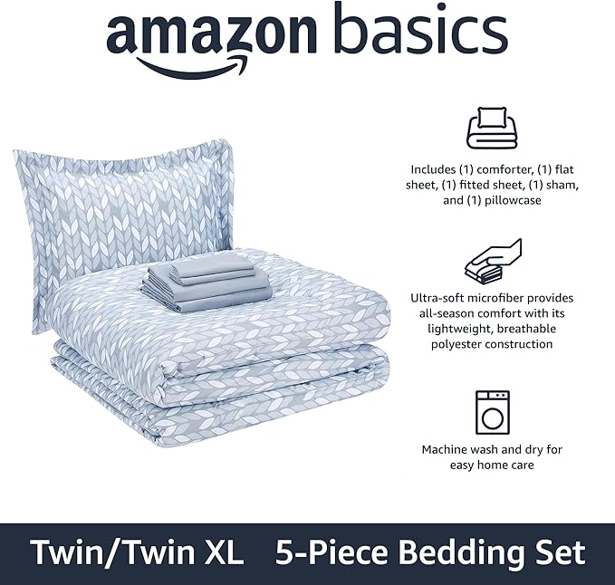 Amazon Basics Twin/Twin XL Comforter Set with Printed Sheets, 5-Piece Gray Leaf Bedding, Lightweight Microfiber Bed-in-a-Bag