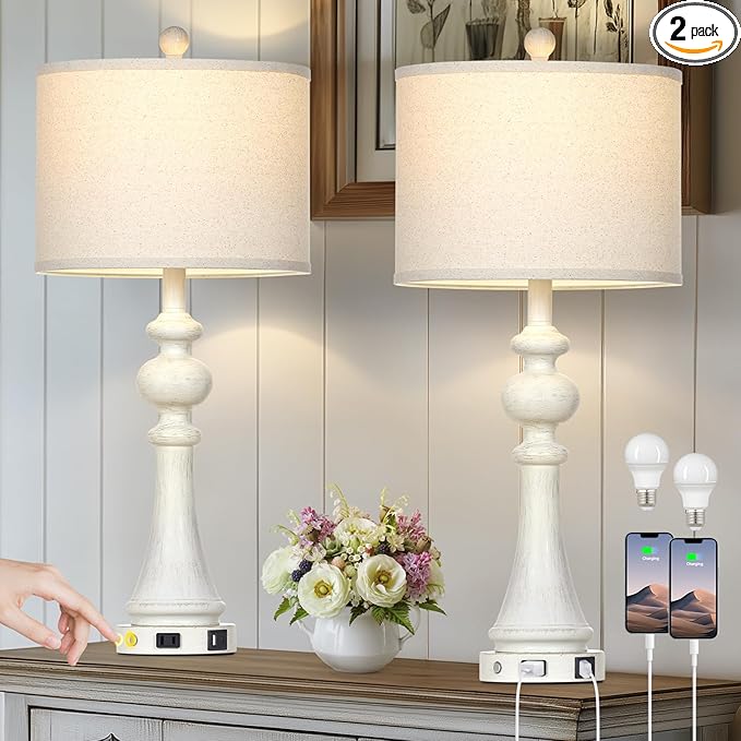 28" Farmhouse Lamps Set of 2 with USB A+C Fast Ports & AC Outlets, Vintage Rustic 3-Way Dimmable Touch Control Table Lamps, Rustic Traditional Bedside Nightstand Lamp for Living Room Bedroom White