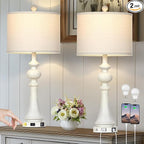 28" Farmhouse Lamps Set of 2 with USB A+C Fast Ports & AC Outlets, Vintage Rustic 3-Way Dimmable Touch Control Table Lamps, Rustic Traditional Bedside Nightstand Lamp for Living Room Bedroom White