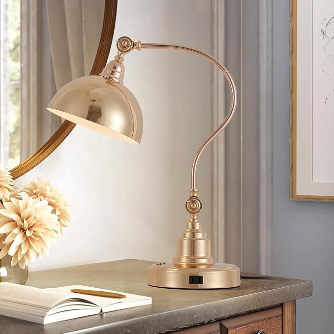 Vintage French Gold Desk Lamp Decorative Table Lamp for Home Office Living Room Bedroom Desk Light, Rustic Industrial Farmhouse Antique Library Study Desk Lamp E26 LED Bulb Included