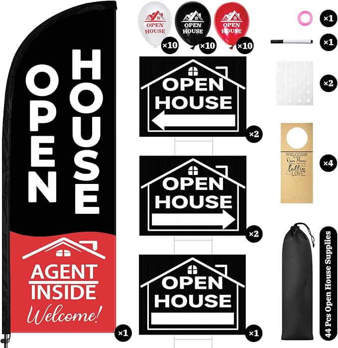 44 Pcs Open House Signs for Real Estate, Double Sided Open House Flag Kit, 7.6 x 5.4 Ft Black Banner Flag Poles Set for Outside, Directional Arrows Sign Stakes Balloons for Open House Supplies