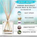 Urban Naturals Ocean Mist & Sea Salt Reed Diffuser Set – Made with Essential Oils & Real Botanicals – Sleek Rectangular Refillable Glass Bottle – Made in The USA