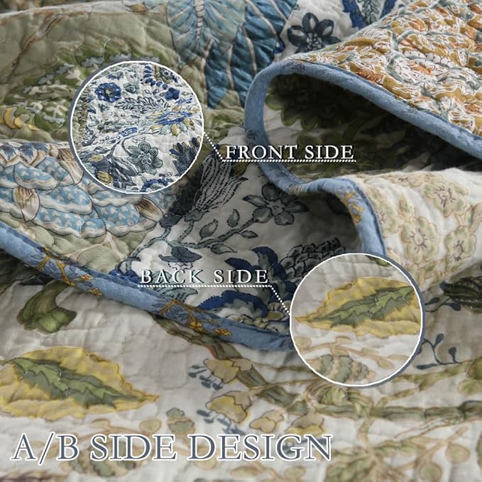 Cotton Bedspread Bedding Coverlet Quilt Sets, Reversible Vintage Branch Floral Bedspread comforters, (Rustic Sage Green Patchwork Pattern, Queen Size)