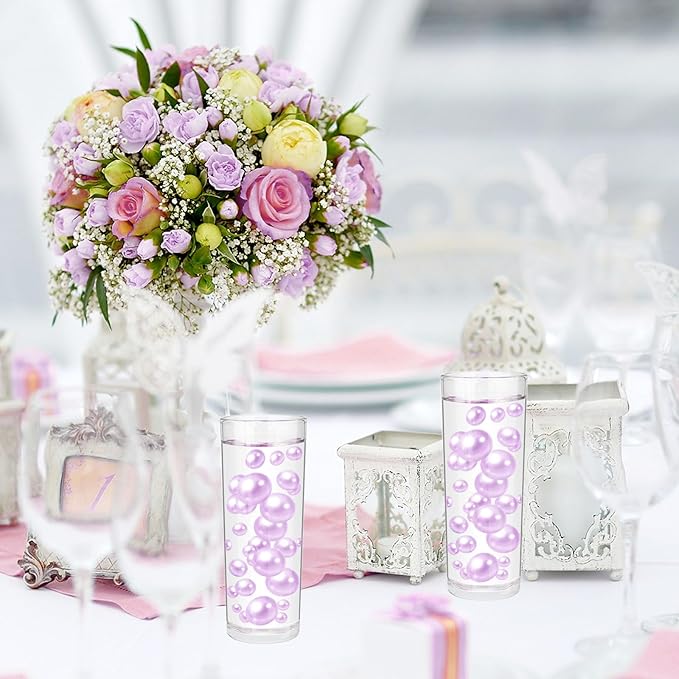 200PCS Light Purple Faux Pearls Beads for Centerpiece Vases, Vase Filler Faux Pearls, No Holes Filler Beads for Party Anniversary Birthday Wedding Table Decor, 10/14/20/30mm