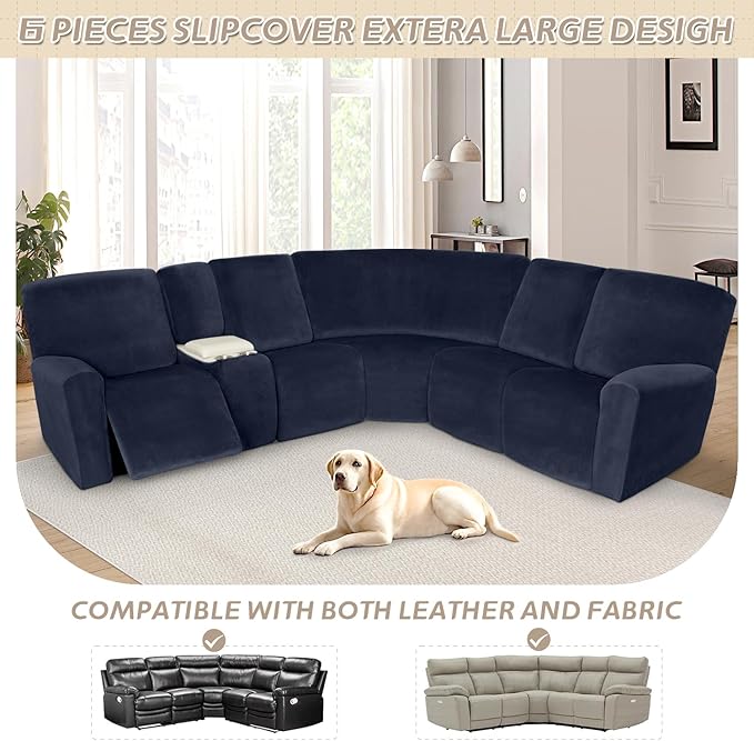 Arfntevss Sectional Recliner Couch Covers Velvet Washable Corner Sectional Sofa Cover for Reclining Stretch Soft Thick L Shape Recliner Slipcover Set (5 Seat with 1 Console Cover, Dark Blue)